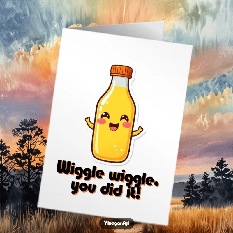 Funny Free Printable congratulations card with a happy, wiggling bottle of bright yellow liquid celebrating achievements.