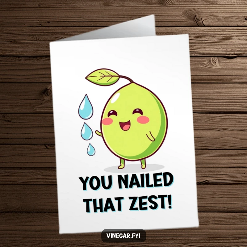 Funny Free Printable Congrats Card: A wobbly green lime character with a cheerful smile juggles three translucent droplets, celebrating success.