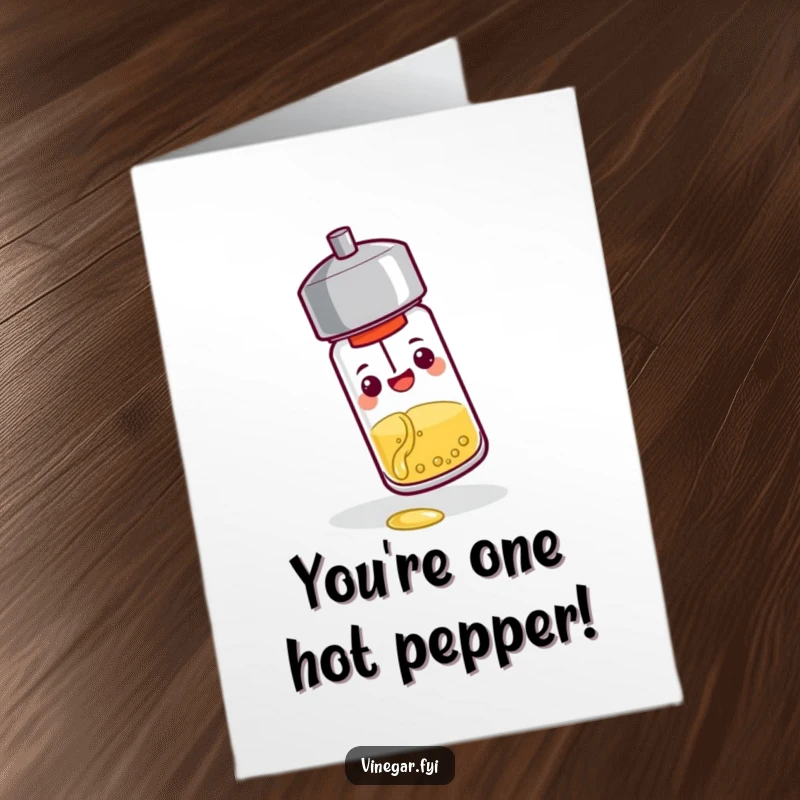 Funny free printable congratulations card: A smiling pepper shaker playfully pours a small stream of vinegar.