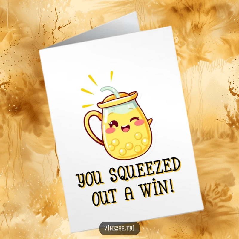 Funny Free Printable Congrats Card: A radiant yellow lemonade pitcher character winks while pouring a steady stream, celebrating success.