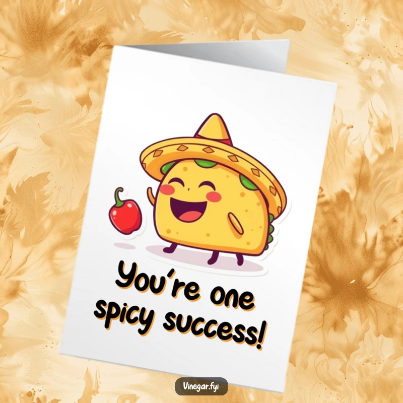 Funny Free Printable Congrats Card: A laughing taco in a sombrero expertly bounces a minuscule chili pepper, celebrating big wins.