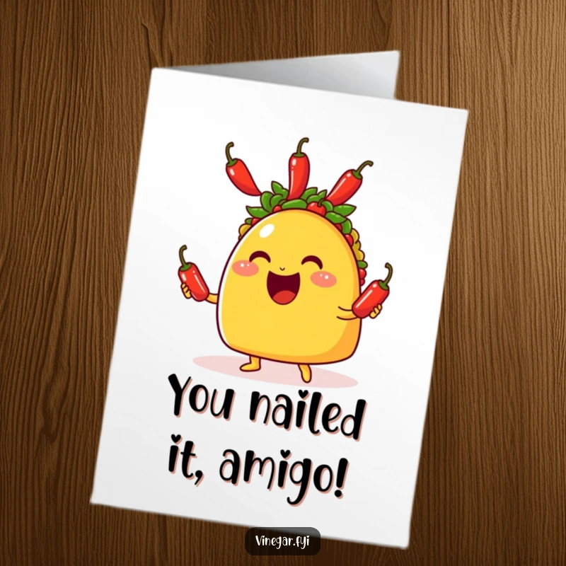 Funny Free Printable Congratulations Card: A grinning taco expertly juggles spicy chili peppers, celebrating a big win with festive flair.