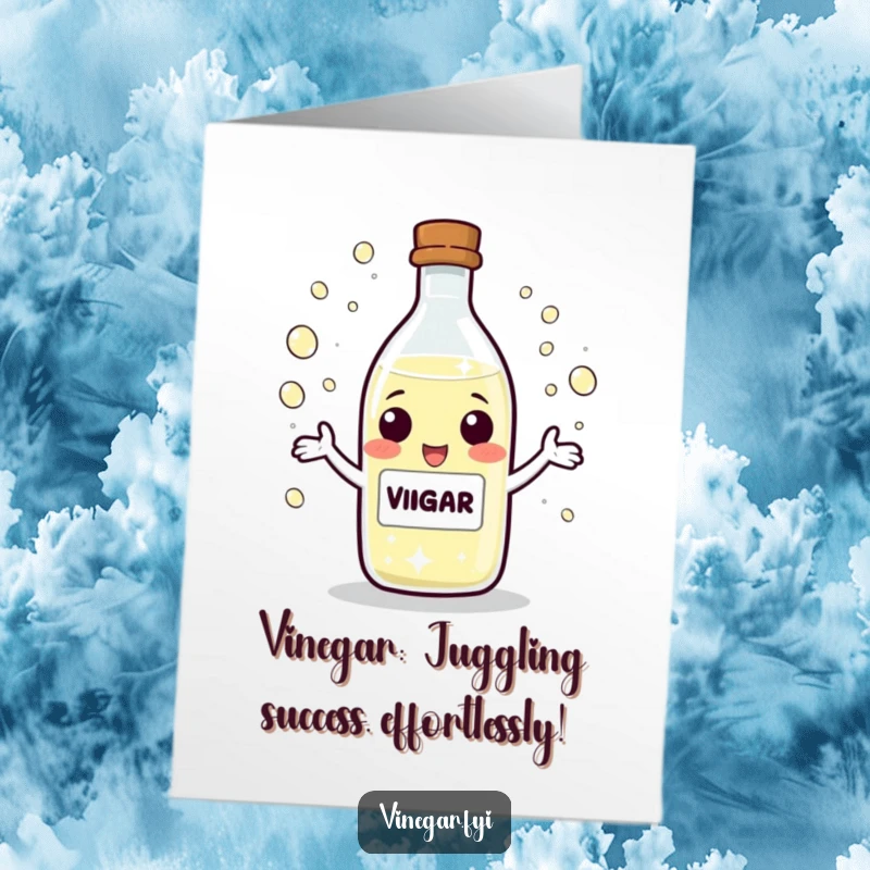 Funny Free Printable Juggling Vinegar Congratulations Card, a vinegar bottle character juggling sparkling droplets, celebrating achievements with flair.