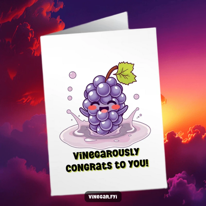 Funny Free Printable Congratulations Card: A giggling Kawaii grape character splashes with delight in a vinegar puddle, celebrating joyfully.