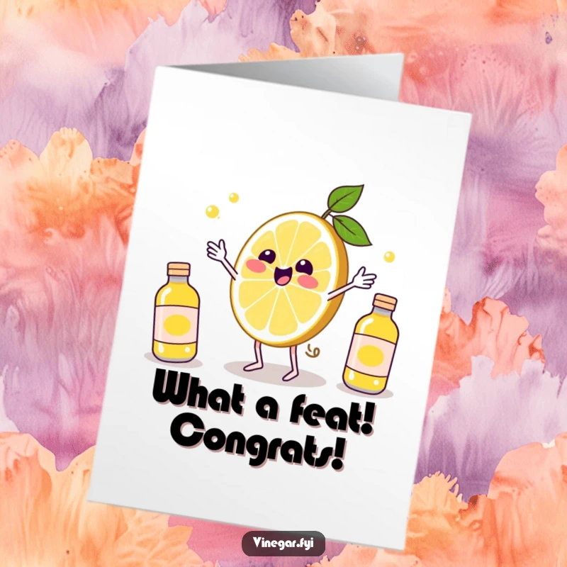 Funny Free Printable Congratulations Card: A delighted Kawaii lemon slice juggles small vinegar bottles, celebrating a successful feat.