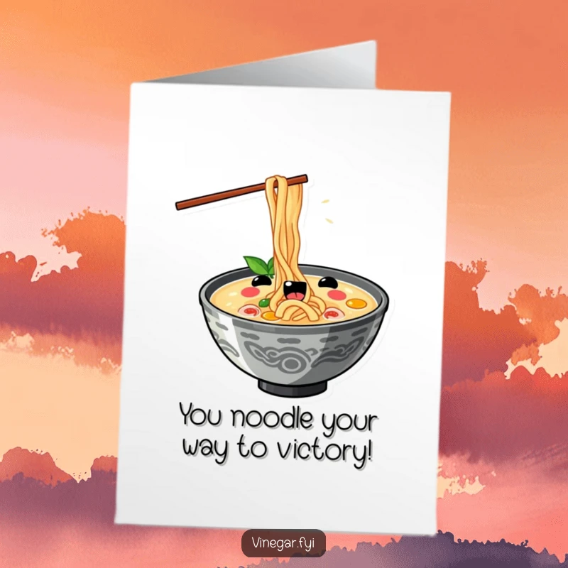 Funny Free Printable congratulations card: A kawaii ramen bowl slurps noodles enthusiastically, conveying congratulations with delightful passion.
