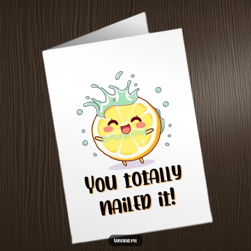 Funny free printable congratulations card featuring a happy lemon slice character playfully splashing vinegar to celebrate success.