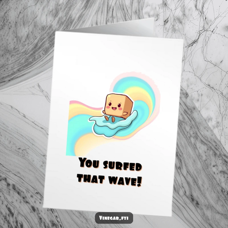 Funny Free Printable Congratulations Card featuring a smiling brown sugar cube character with tiny legs riding a colorful liquid wave with glee.