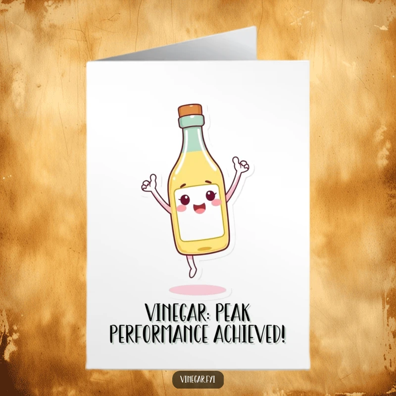 Funny Free Printable Triumphant Vinegar Congratulations Card, a vinegar bottle character balancing on its tip, celebrating success with glee.