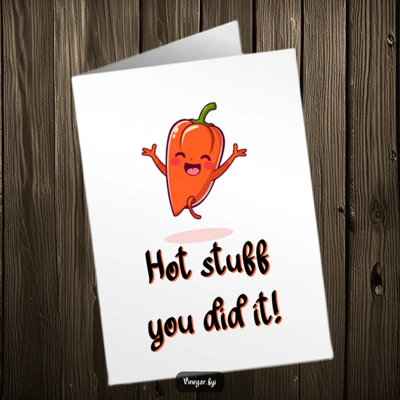 Funny Free Printable Congrats Card: Joyful Kawaii pepper doing a cartwheel, celebrating a fabulous accomplishment with passion.