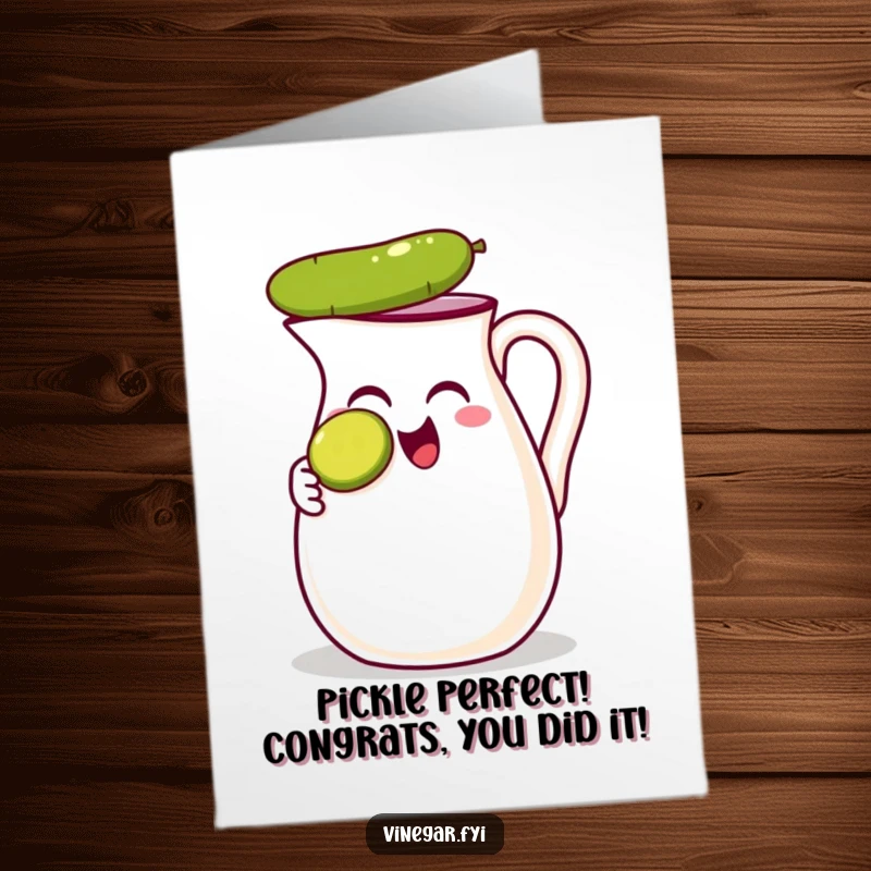 Funny Free Printable Congratulations Card: A thrilled vinegar jug stands tall, balancing a small pickle slice on its nose with glee.