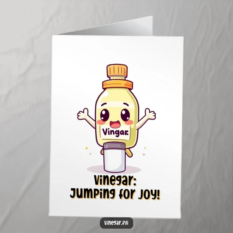 Funny Free Printable Leaping Vinegar Congratulations Card, an excited vinegar bottle character mid-leap over a salt shaker, celebrating victory.