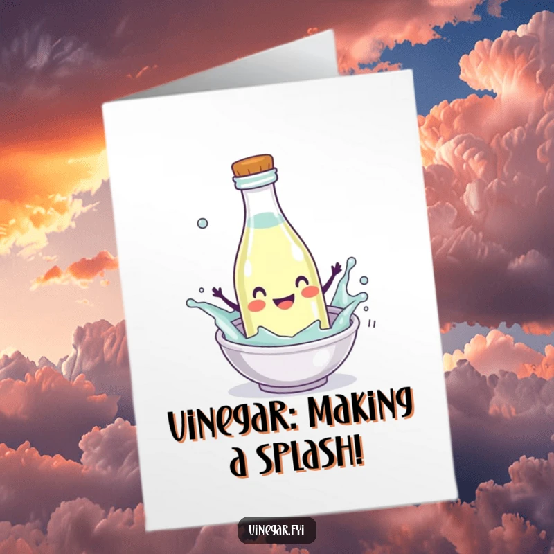 Funny Free Printable Splashing Vinegar Congratulations Card, a vinegar bottle character splashing enthusiastically into a dish, celebrating success.