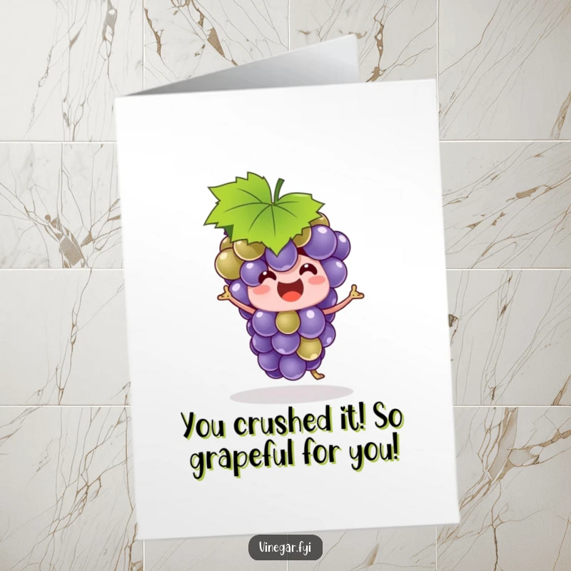 Funny Free Printable Congratulations Card: A delighted grape bunch dances joyfully with a leaf hat, celebrating a special success.
