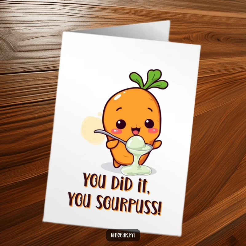 Funny Free Printable Congratulations Card: Kawaii carrot making a sour face tasting vinegar, perfect for a unique celebration.