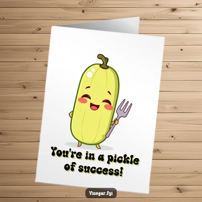 Funny Free Printable Congratulations Card: A giggling pickle poses confidently with a tiny fork, celebrating a fantastic achievement with sassy humor.