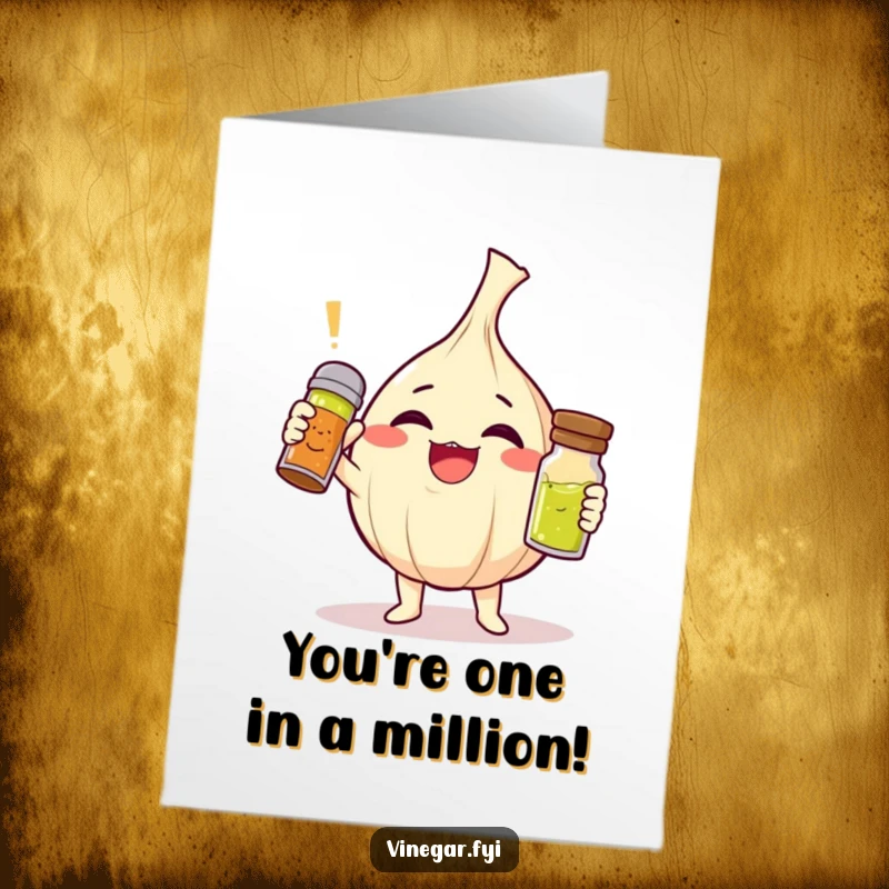 Funny free printable congratulations card with a giggling garlic clove character triumphantly shaking a vinaigrette shaker for a zestful celebration.