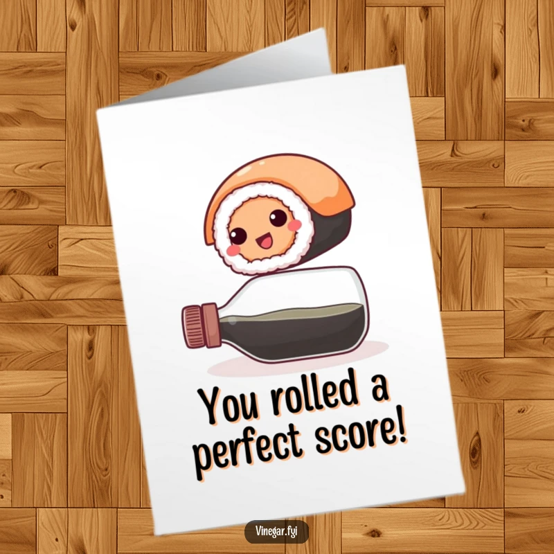 Funny free printable congratulations card: A round sushi roll achieves remarkable balance on a vinegar bottle.