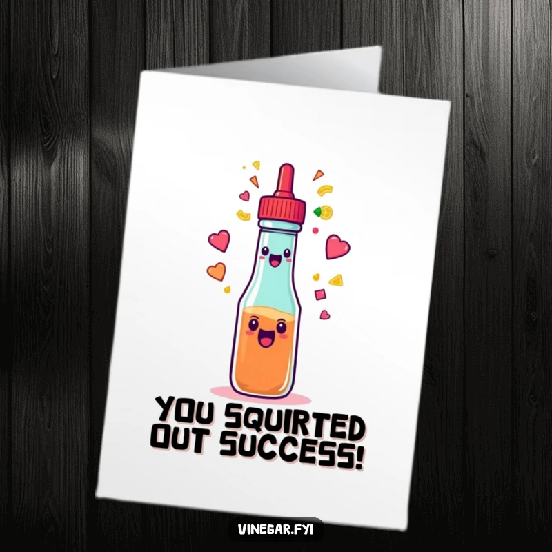 Funny Free Printable Congrats Card: An excited squeeze bottle sprays a rainbow of colorful shapes, celebrating success with flair.