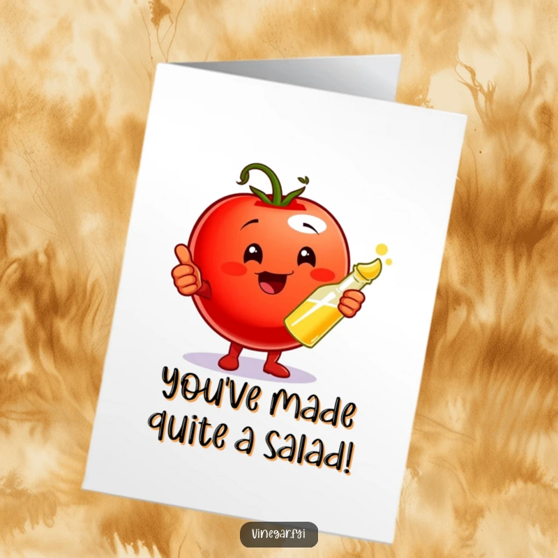 Funny Free Printable Congratulations Card: Cherry tomato character gives a thumbs up while holding vinegar, congratulating success with enthusiasm.
