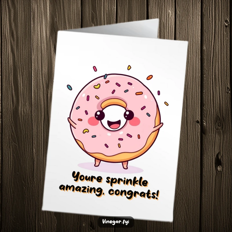 Free Printable Congratulations Card: A smiling kawaii donut juggling sprinkles with excitement, celebrating your amazing achievement.