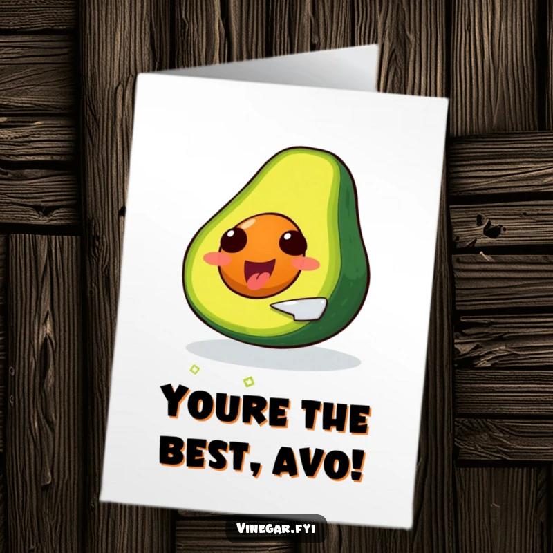 Funny Free Printable Congratulations Card: A delighted avocado skillfully slices itself, celebrating a successful moment.