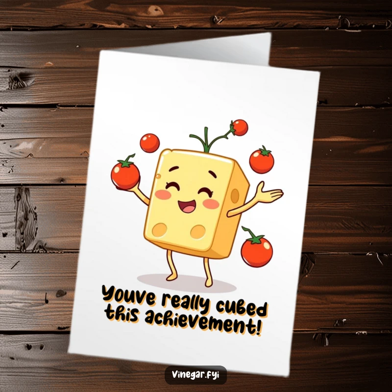 Funny Free Printable Congratulations Card showing a happy cheese cube juggling cherry tomatoes, celebrating your big win.