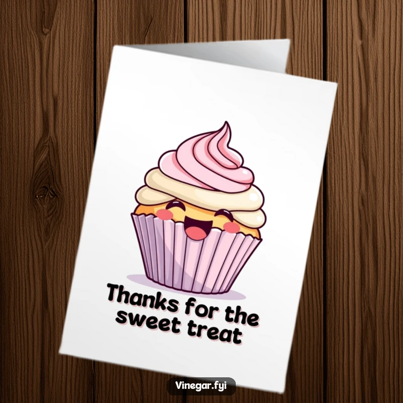 Funny Free Printable thank you card: A kawaii cupcake gleefully frosts itself, sending thanks with a cheerful giggle.