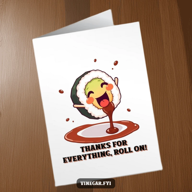 Funny Free Printable Thank You Card: A smiling sushi roll does a cartwheel, splashing soy sauce as a fun way to say thank you.