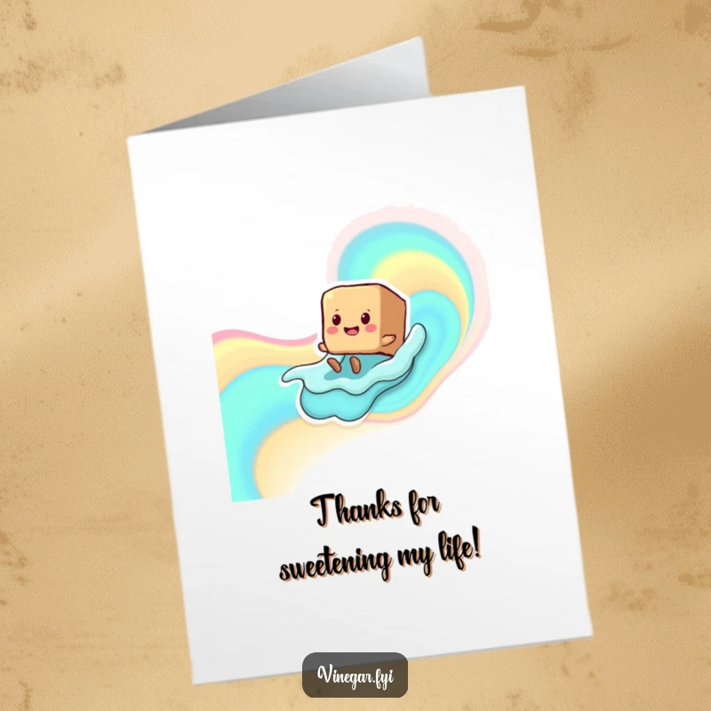 Funny Free Printable Thank You Card: a smiling brown sugar cube character with tiny legs slides down a colorful wave, a sweet way to say thanks.