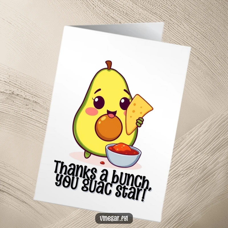 Funny Free Printable Thank You Card: An amused avocado enjoys dipping a tortilla chip into salsa.