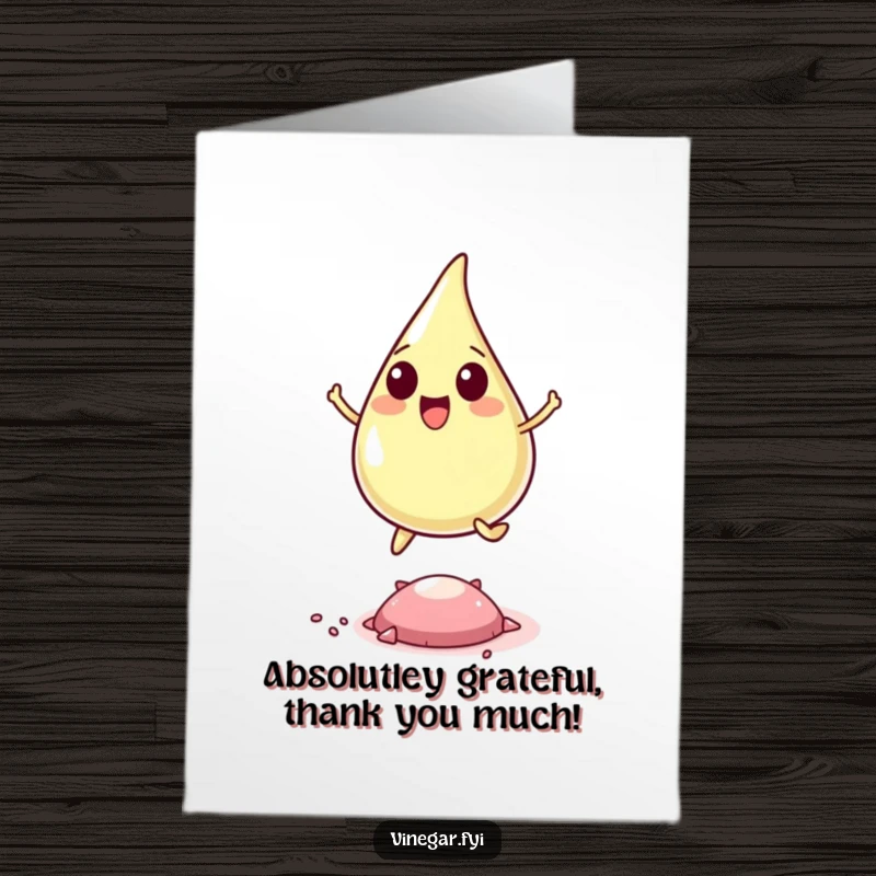 Funny Free Printable Thank You Card: A happy vinegar drop performs an energetic leap over a pepper flake, showing thanks.