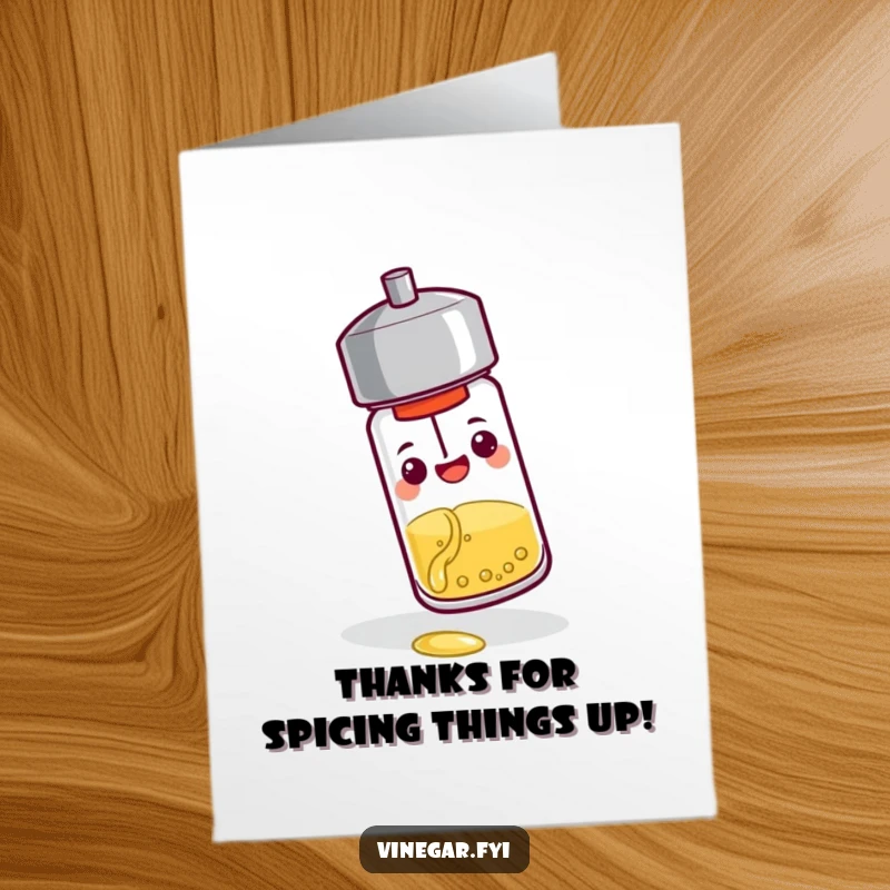 Funny free printable thank you card: A cheerful pepper shaker is caught tipping over, pouring vinegar.