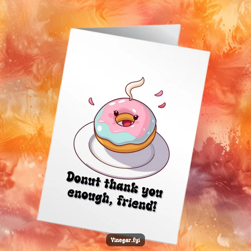Funny Free Printable Thank You Card: A joyful donut spinning with frosting flying, expressing thanks.