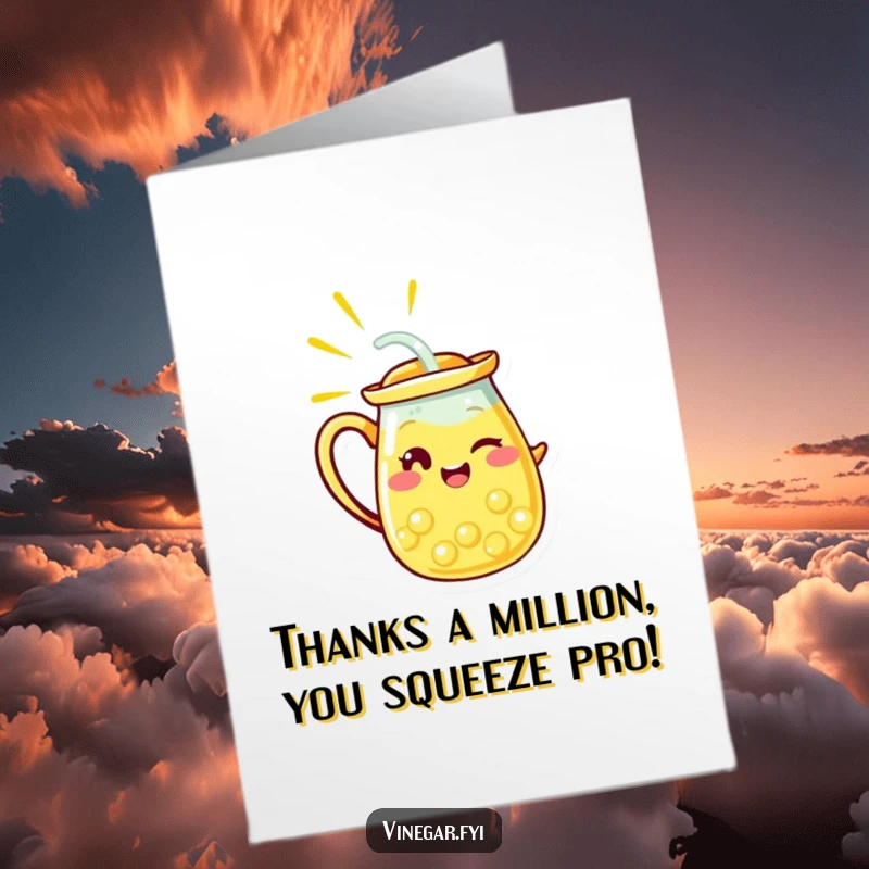 Funny Free Printable Thank You Card: A radiant yellow lemonade pitcher character winks as it pours a clear stream, expressing thanks.