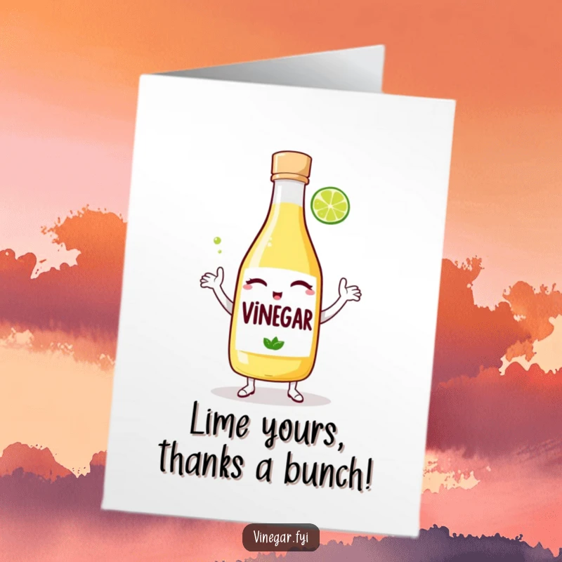 Funny free printable thank you card: A winking vinegar bottle and lime wedge perform a silly dance, expressing thanks.