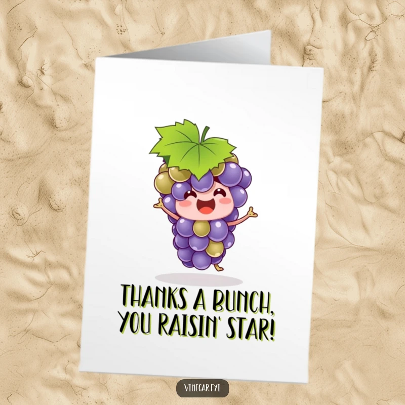 Funny Free Printable Thank You Card: A delighted grape bunch performs a cheerful dance wearing a leaf hat, showing heartfelt thanks.