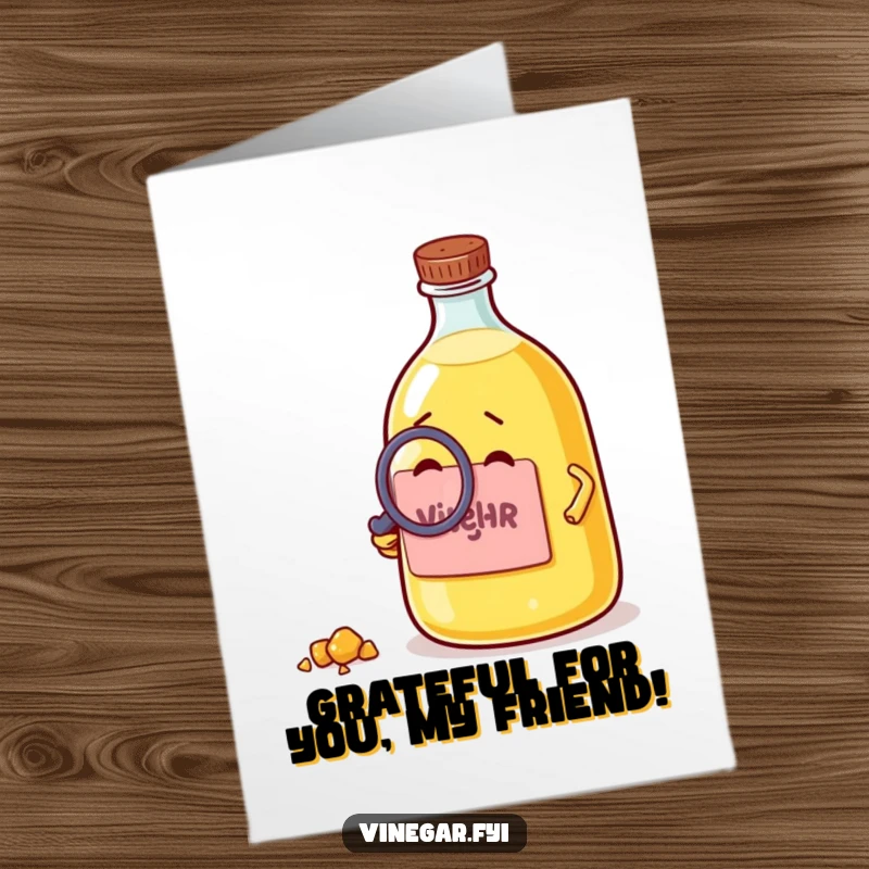 Funny Free Printable Thank You Card: A vinegar bottle peers intently through a magnifying glass at a tiny crumb.