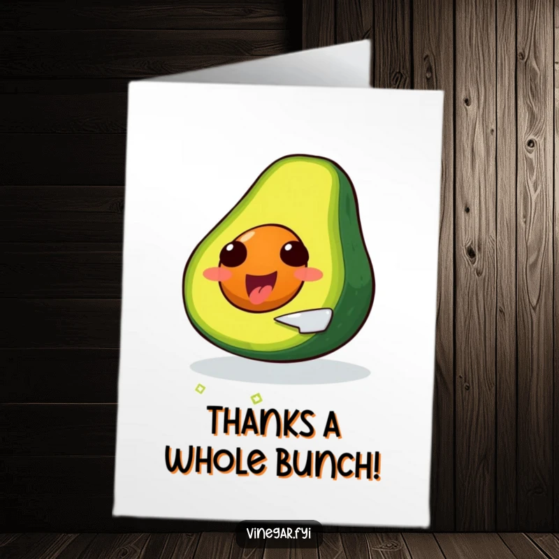 Funny Free Printable Thank You Card: A delighted avocado prepares itself with a tiny knife, expressing thanks.