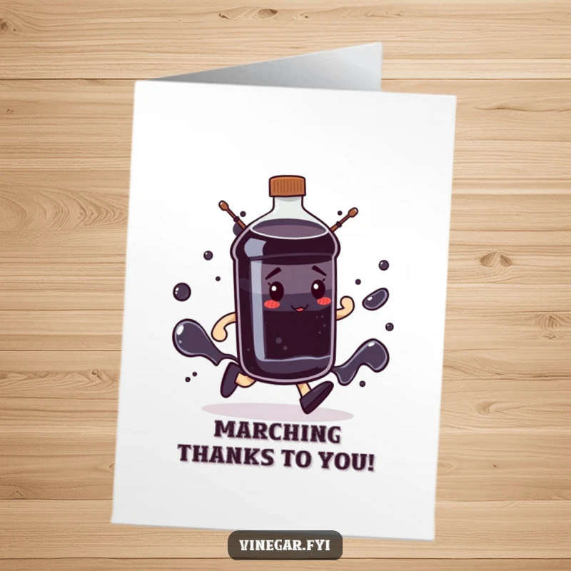 Funny Free Printable thank you card with a determined bottle of dark liquid marching purposefully.