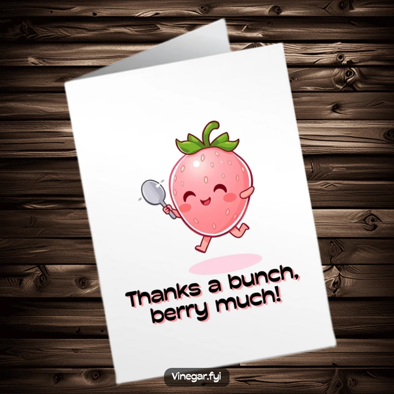 Funny Free Printable Thank You Card with a joyful pink strawberry character leaping with a tiny spoon.
