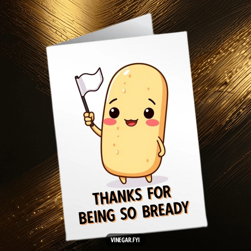 Funny Free Printable Thank You Card featuring a grinning baguette waving a small flag, expressing gratitude.