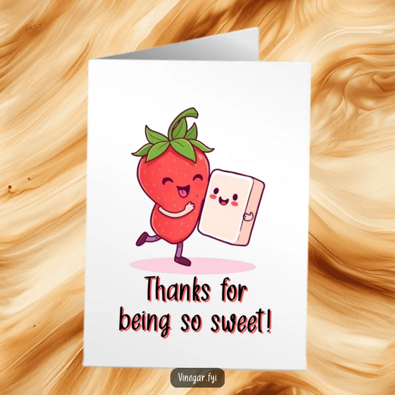 Funny Free Printable Thank You Card: A delighted strawberry dances with a sugar cube partner, expressing thanks with a sweet, cheerful vibe.