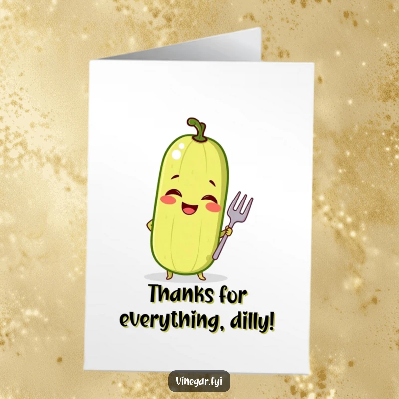 Funny Free Printable Thank You Card: A giggling pickle strikes a confident pose with a tiny fork, offering thanks with a quirky, humorous attitude.