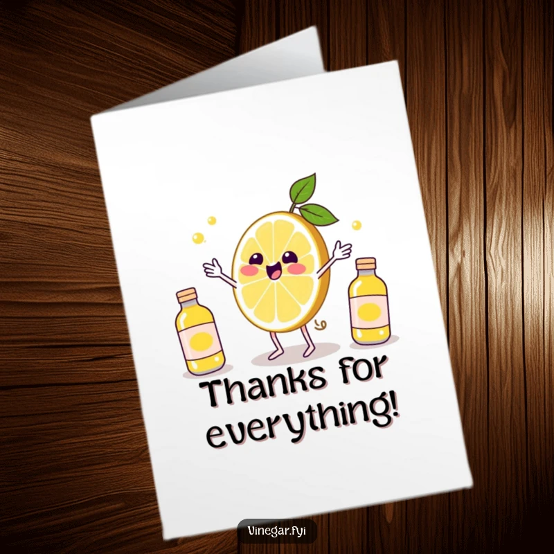 Funny Free Printable Thank You Card: A delighted Kawaii lemon slice juggles vinegar bottles, a citrusy expression of thanks.