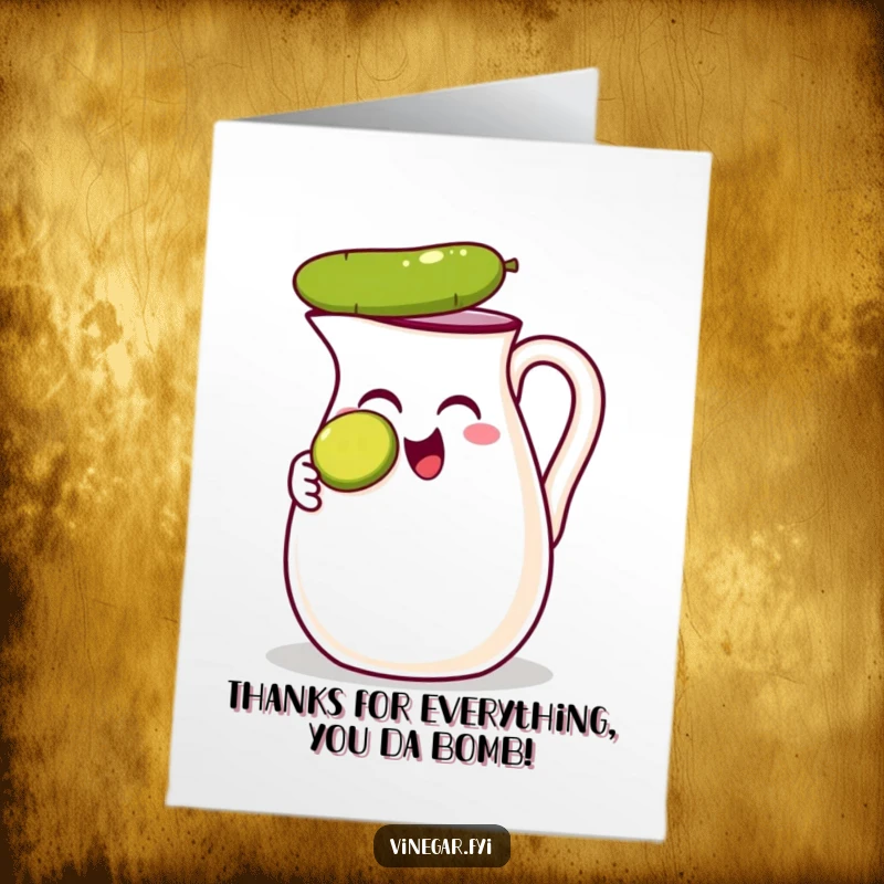 Funny Free Printable Thank You Card: A thrilled vinegar jug balances a pickle slice on its nose, conveying thanks humorously.