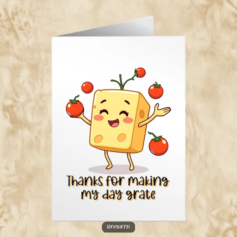 Funny Free Printable Thank You Card featuring a jovial cheese cube juggling tomatoes, a cheesy way to say thanks.