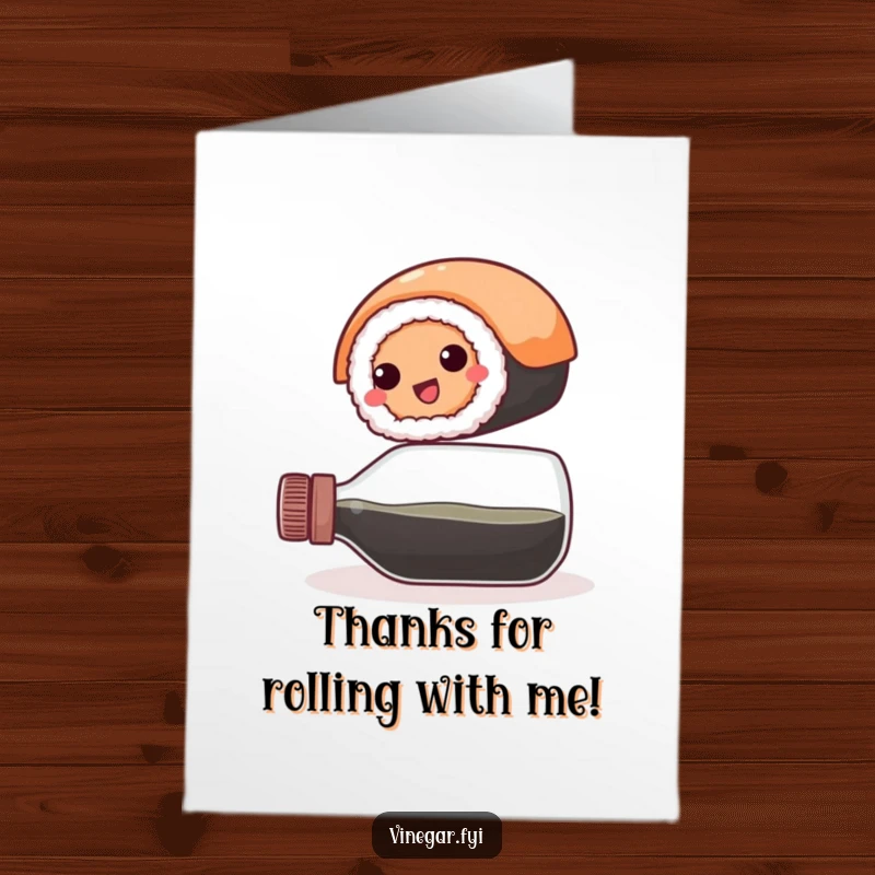Funny free printable thank you card: A happy sushi roll impressively balances on a vinegar bottle.