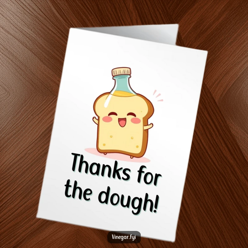 Funny free printable thank you card showing a bread slice comically recoiling from a vinegar bottle, a humorous take on expressing gratitude.