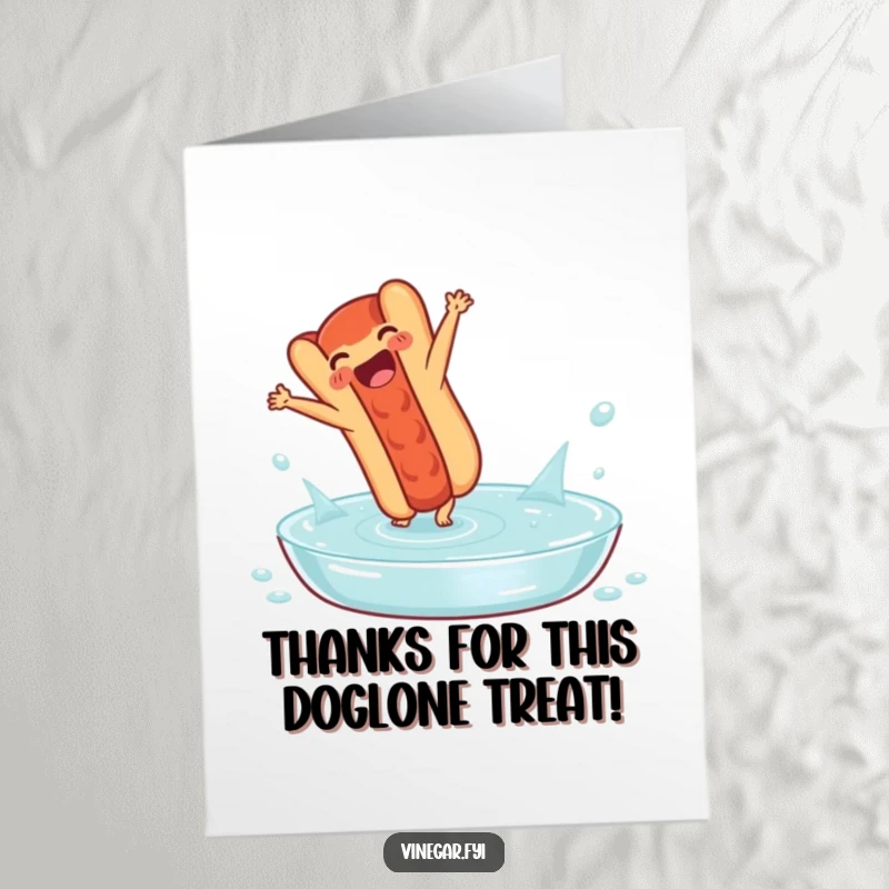 Funny free printable thank you card: A delighted hot dog is captured mid-cartwheel in a vinegar pool.